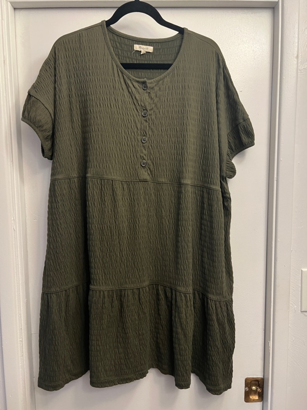 Madewell (Re)sourced Crinkle-Knit Tiered Mini Dress Dried Olive Color Size Large